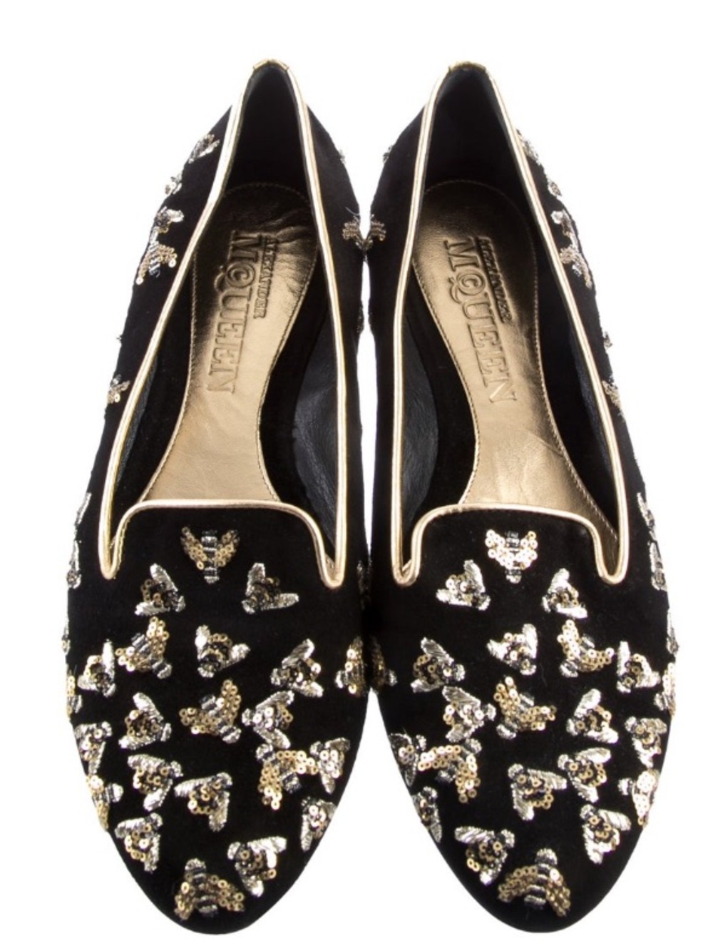 Alexander McQueen Black suede bumble bee Sequin Embellished Flats 37.5